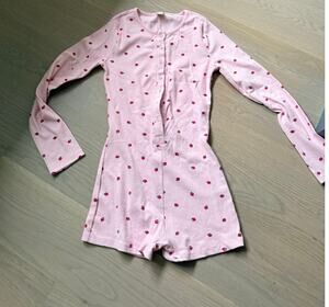 MESSY BUN Just Chillin Pink Strawberries L/S Buttoned Romper